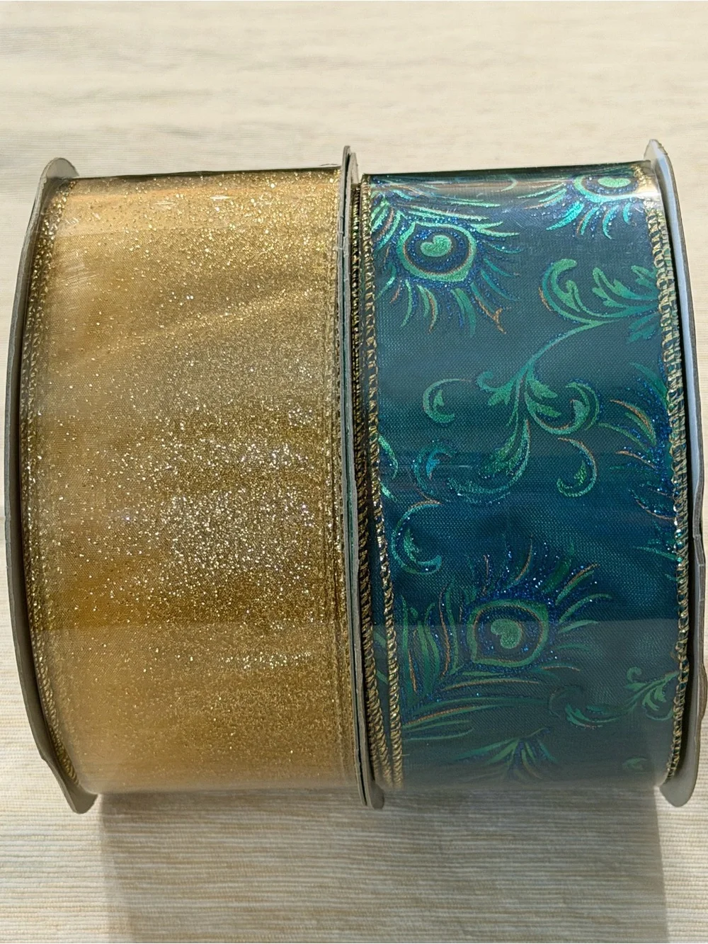 Blue-Green Peacock & Gold Glitter Holiday Ribbon Duo